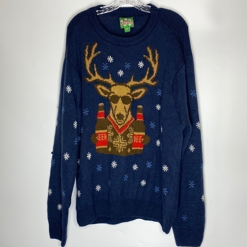 Party Sweater Deer Beer Hunting Crewneck Holiday Sweater 2XL